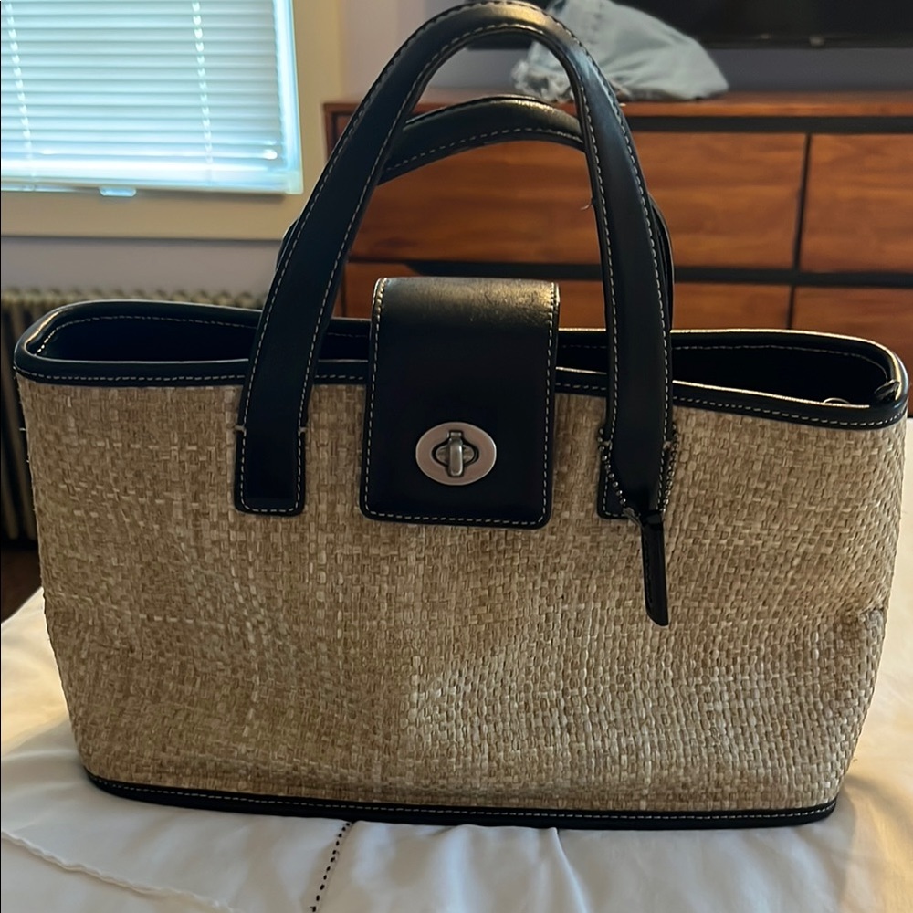 Coach Black Leather & Tan Woven Tote Bag